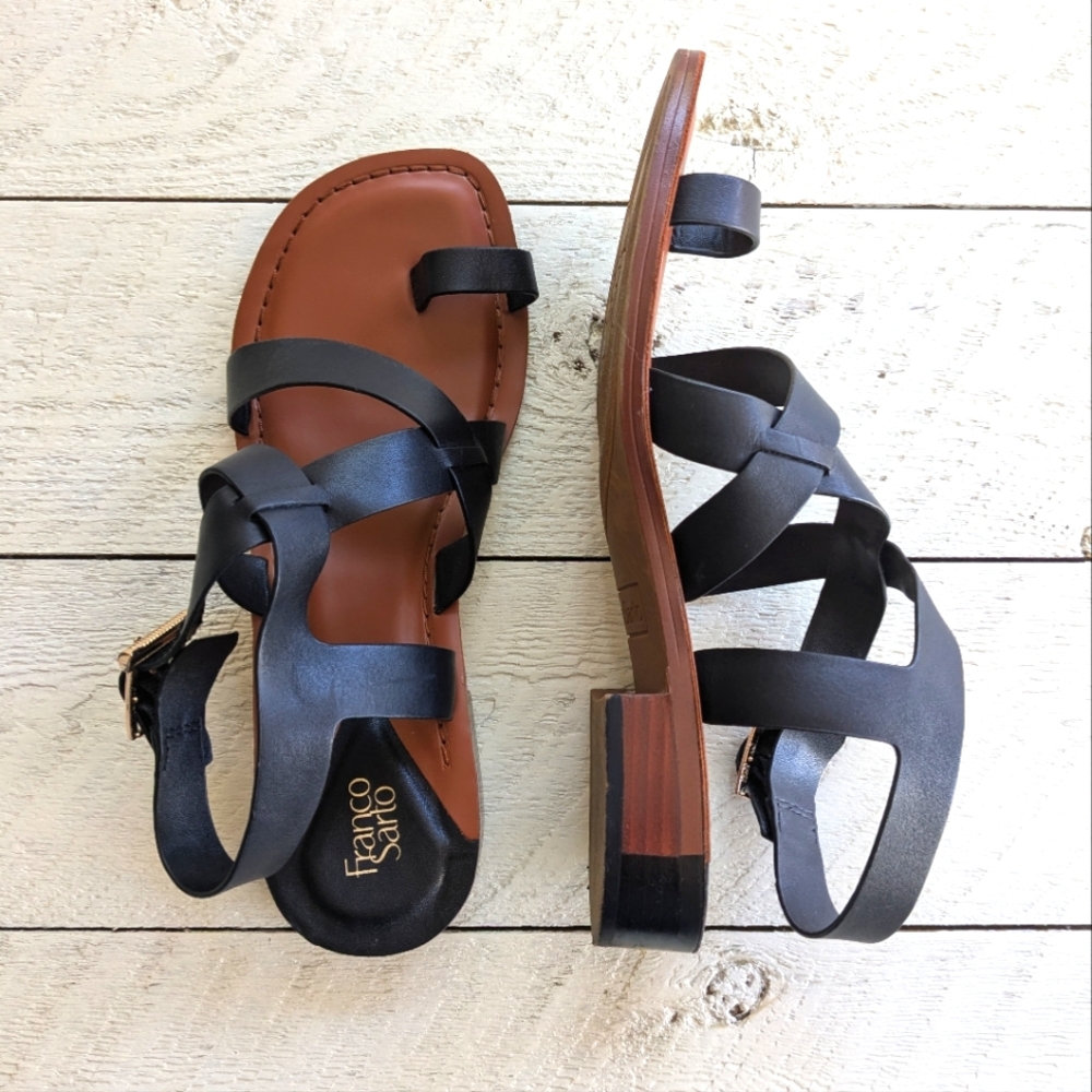 Franco Sarto Ina Black Strappy Leather Sandals with Brown Footbed 8.5 - Picture 5 of 14